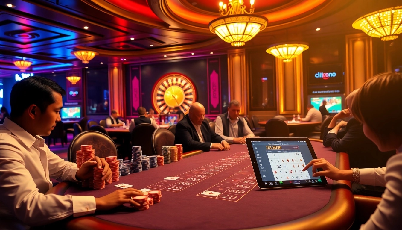 Players engaging in an intense poker game at ok 8386 casino, surrounded by vibrant atmosphere.