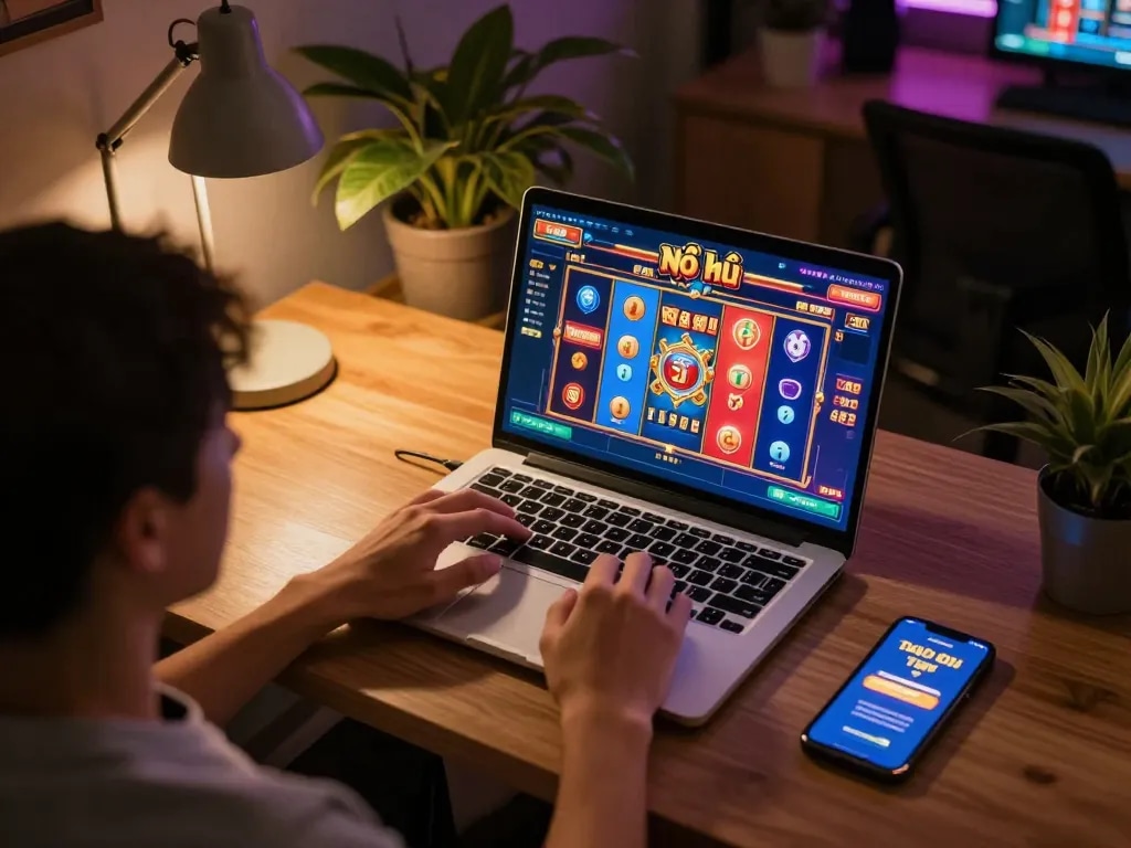 Nổ hũ online gaming scene with a player engaged in a colorful slot game on laptop