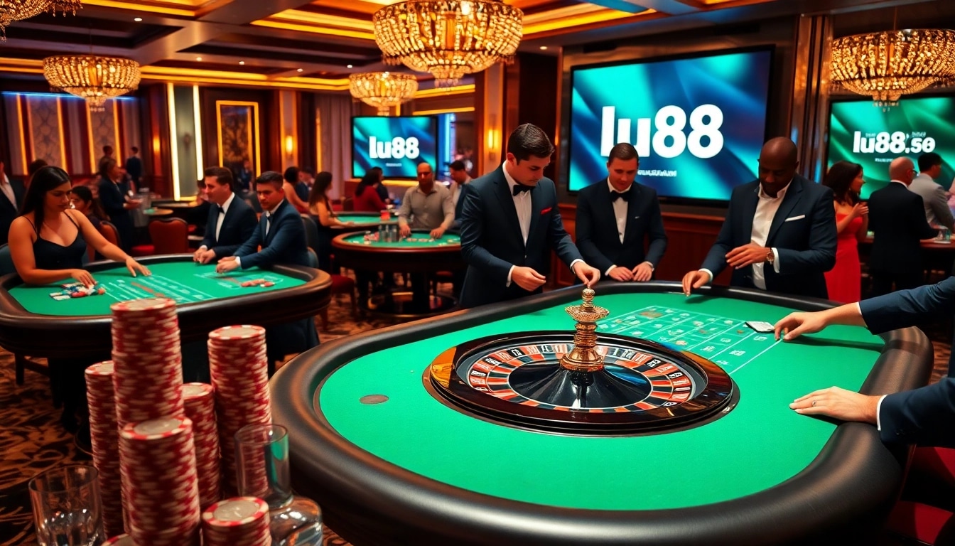 Players engaging in exciting games at LU88, an online gambling hub featuring roulette and poker tables.