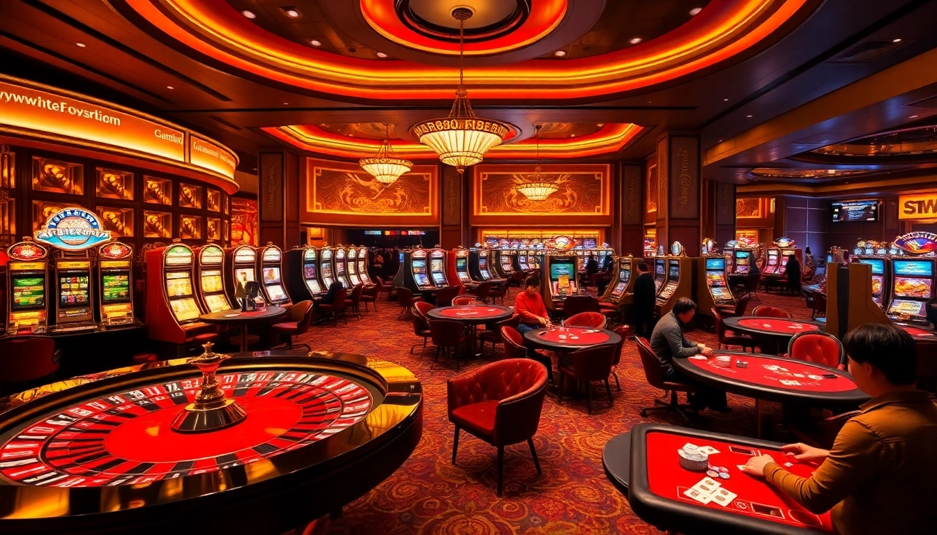 Experience excitement with RR888 at a luxurious casino featuring roulette, slots, and poker tables.