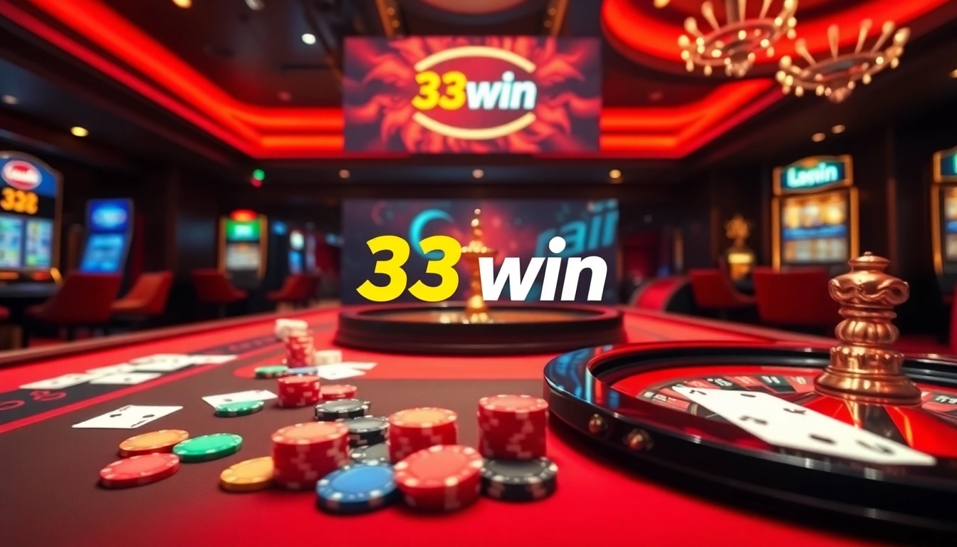 33win casino table image showcasing poker chips and roulette wheel in a vibrant setting.