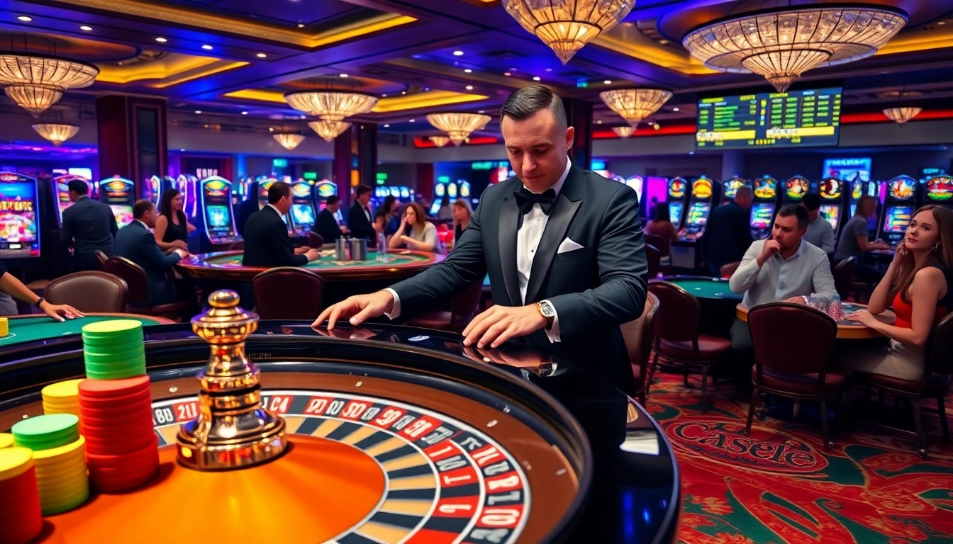 Exciting gambling scene with kèo nhà cái odds, players around roulette table, luxury casino atmosphere.
