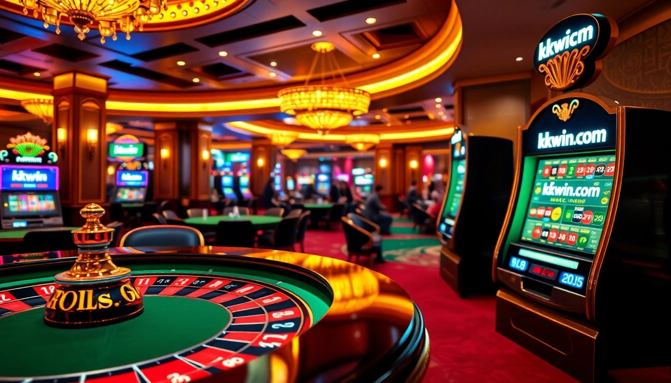 Engaging scene of online gambling at kkwin.com with roulette, poker chips, and vibrant slot machines.