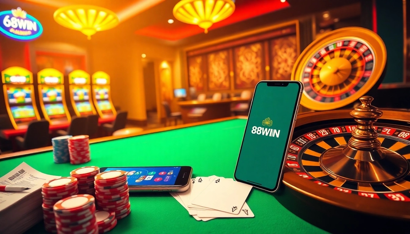 An immersive casino scene featuring 68WIN branding, poker tables, slot machines, and a premium mobile app experience.