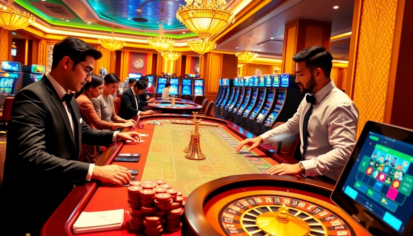 Link vào 8xbet engaging players at a luxurious casino table surrounded by vibrant gaming elements.