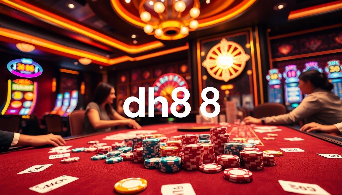 Players enjoying an exciting game of casino poker with dh88-themed chips on a luxurious table.