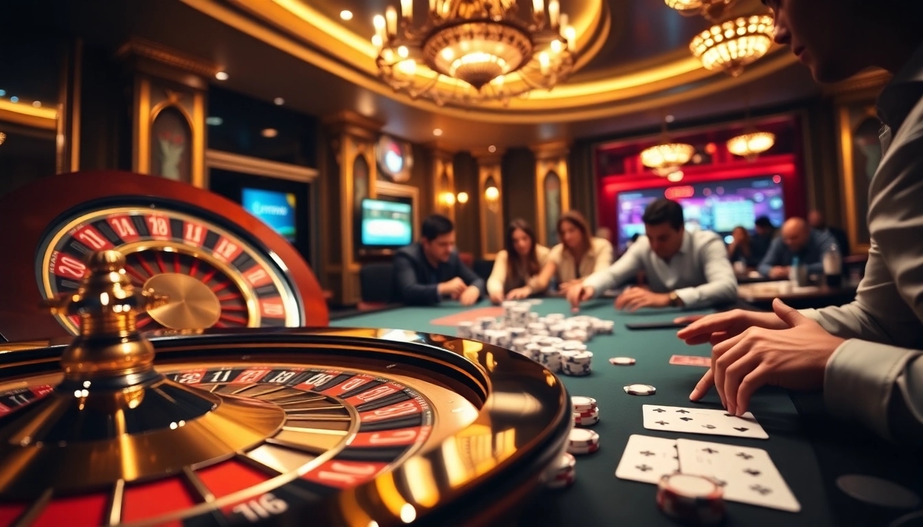 Players engage with tr88-themed poker chips and a roulette wheel in a luxurious casino setting.