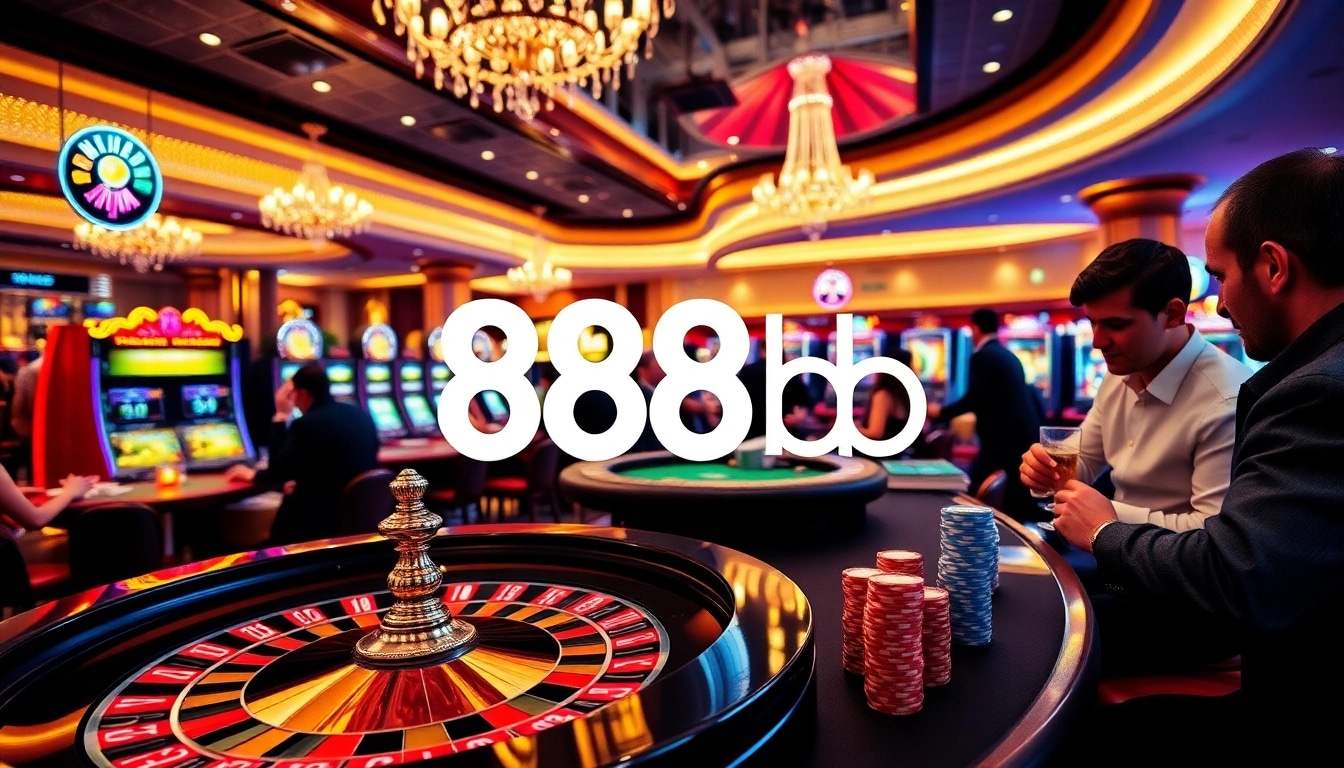 Players engaging in thrilling games at the vibrant 888b casino floor, featuring roulette and slot machines.