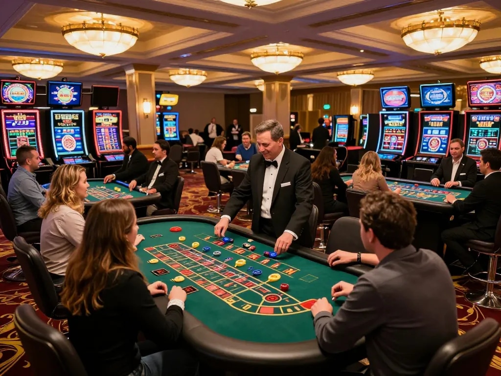 Players engaging at TR88 casino roulette tables, illuminated gaming floor with vibrant atmosphere
