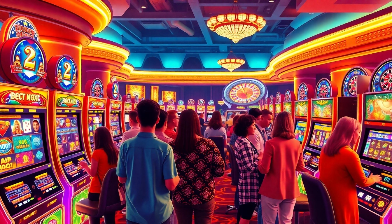 Engaging slots community discussing strategies at vibrant slot machines in a casino.