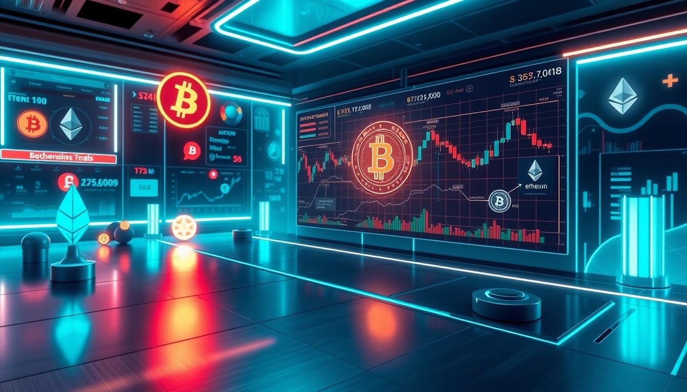 Bit coin trading visualization with blockchain networks and candlestick graphs.