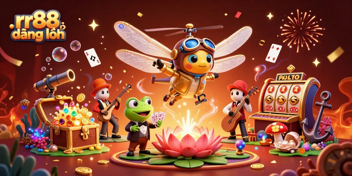 Experience rr88 đăng nhập action with a vibrant casino scene featuring a dragonfly pilot and frog dealer.