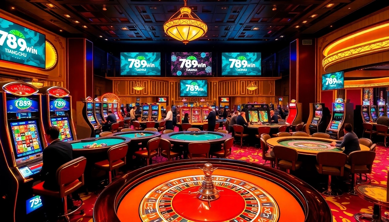 Exciting view of a casino with gamblers enjoying games and showcasing 789win trang chu atmosphere.
