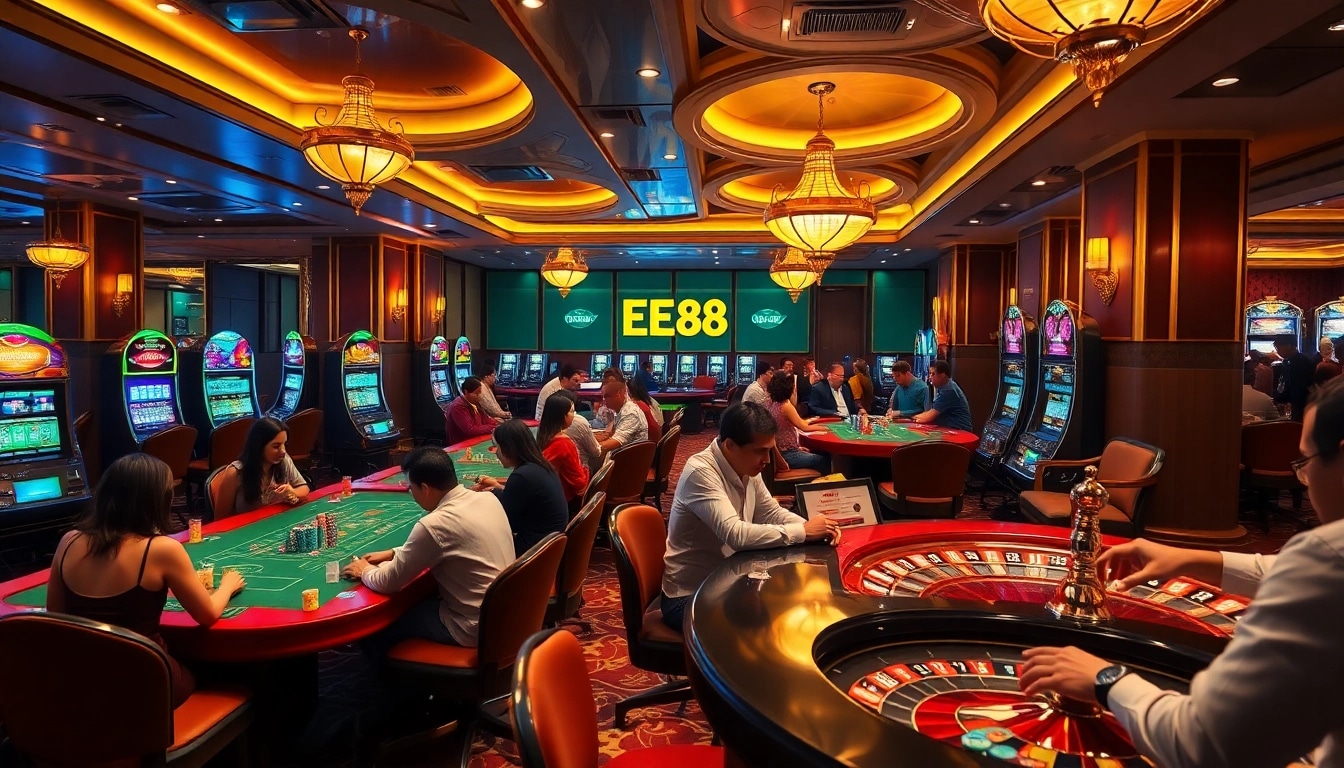 EE88 players engaging in exciting casino games with vibrant chips and tables.