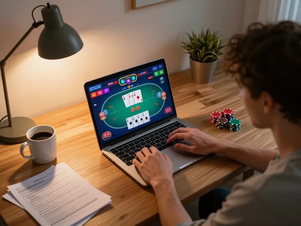 MM88 player enjoying online poker strategy with vibrant game interface on laptop.
