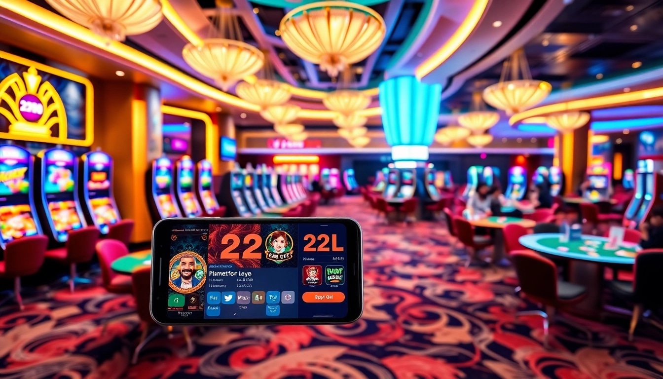 A dynamic casino scene with players engaging at tables while showcasing the 22JL app on a smartphone.