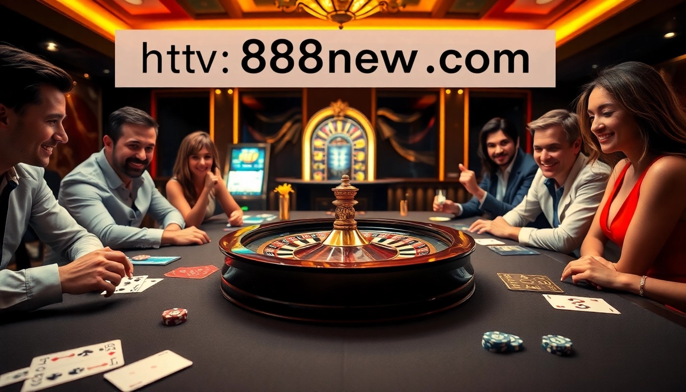 Players enjoying an exciting game at https://888newco.com/ casino, featuring a vibrant roulette wheel and poker chips.