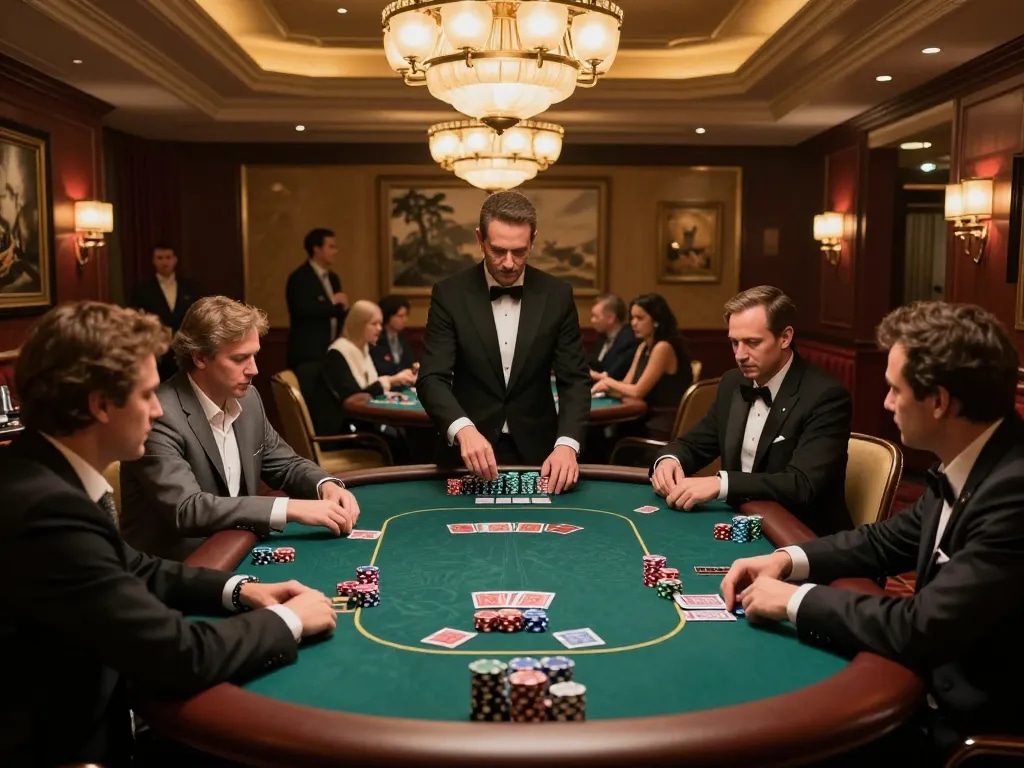 Excited players engaging in a strategic poker game at 58win's upscale casino.