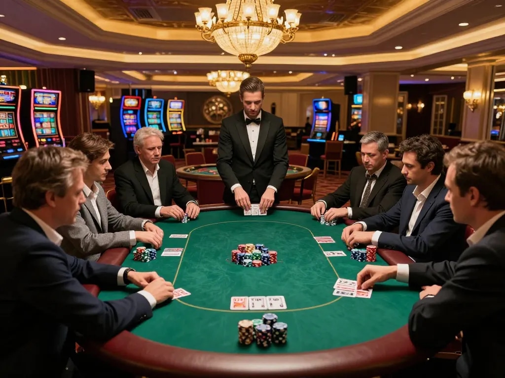 Players engaging in a strategic high-stakes poker game at an upscale casino, highlighting SC88 excitement and tense atmosphere.