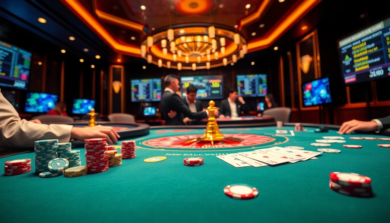 Experience high-stakes gaming at rik vip's luxurious poker table surrounded by vibrant casino elements.