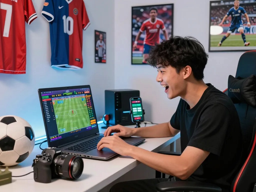 Exciting online sports betting scene showcasing kèo nhà cái with laptop and sports memorabilia.