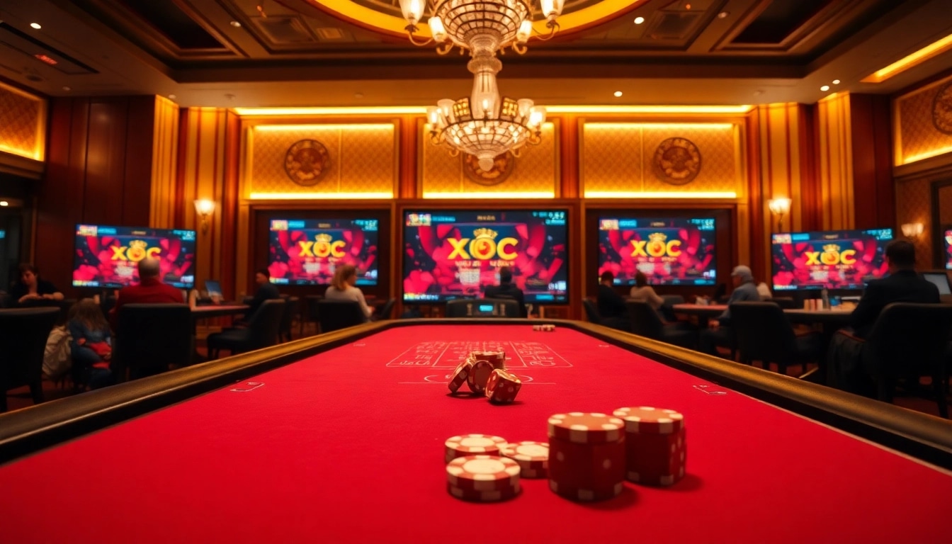 Xóc đĩa online gameplay at a luxurious casino table, vibrant poker chips and dice captured in action.