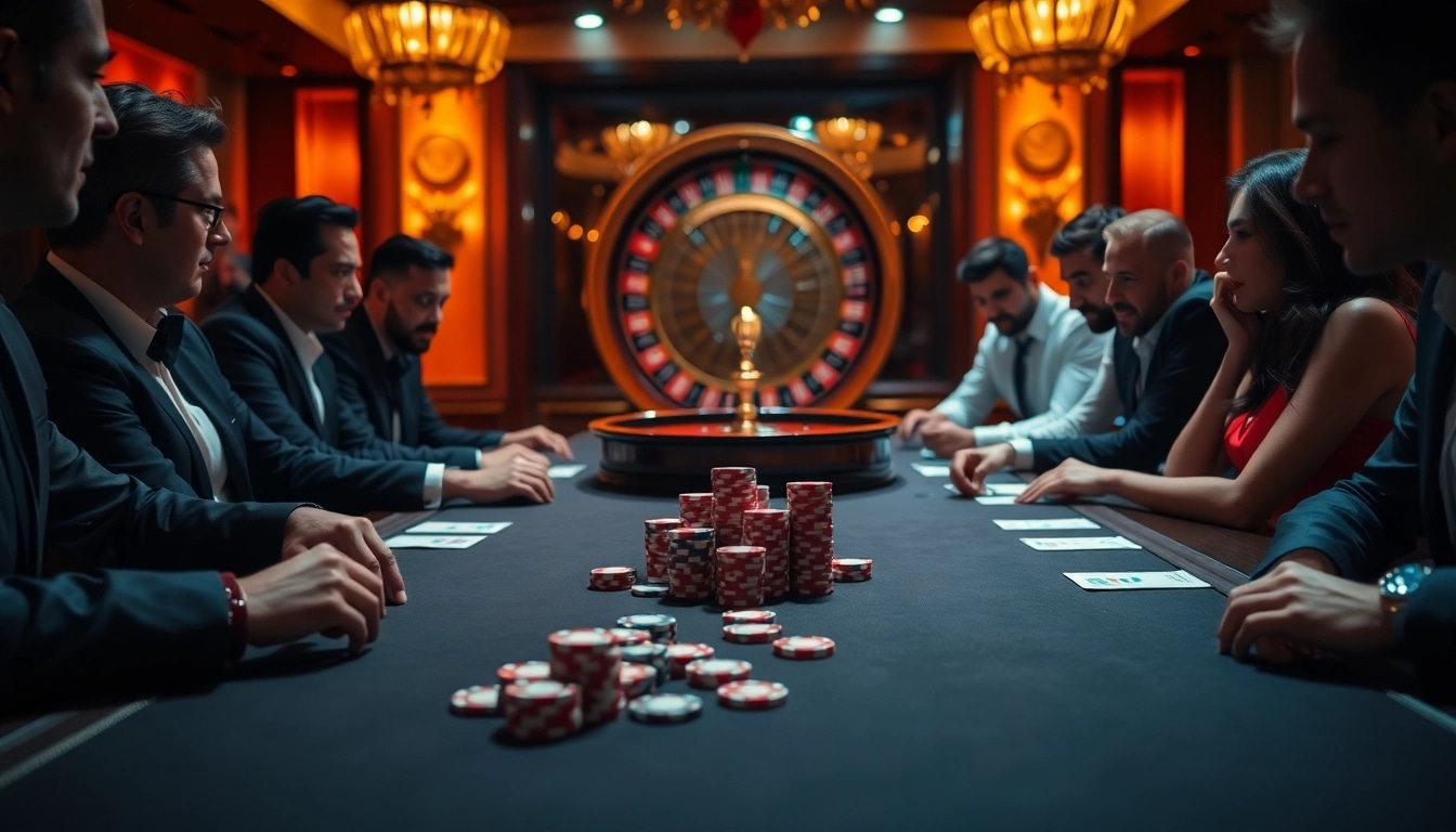 Engage in the excitement of poker at m88zo.com with players and colorful chips on a luxurious table.