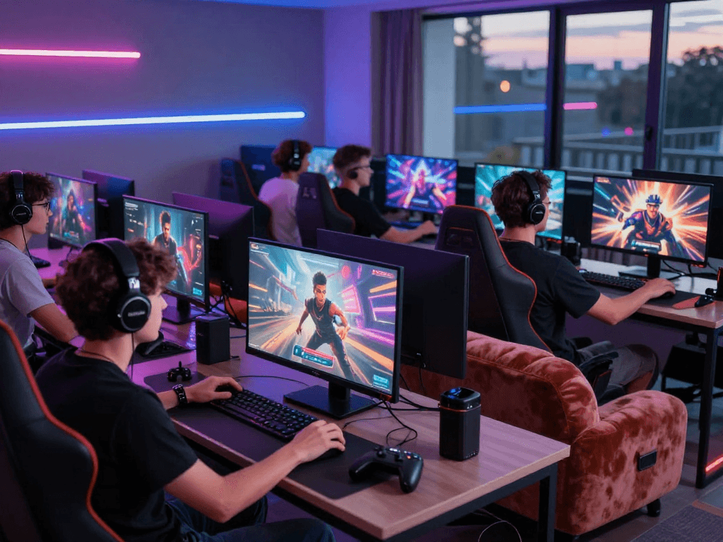 Engaging multiplayer scene of adults playing real porn game on various devices in a lively gaming room