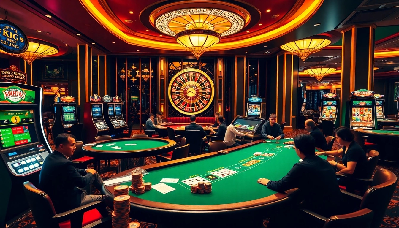 KJC casino players strategizing at an elegant poker table, showcasing vibrant lights and modern design.