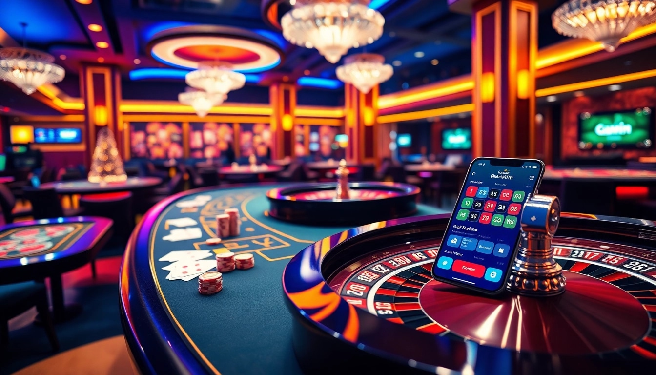 Engaging gambling scene showcasing LINK VÀO Bomwin with vibrant casino elements and high-tech devices.