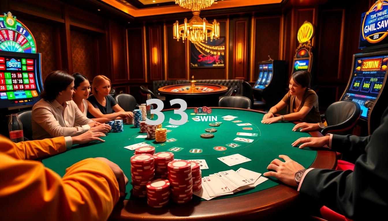 33WIN poker action with vibrant chips and cards at a luxurious casino table.