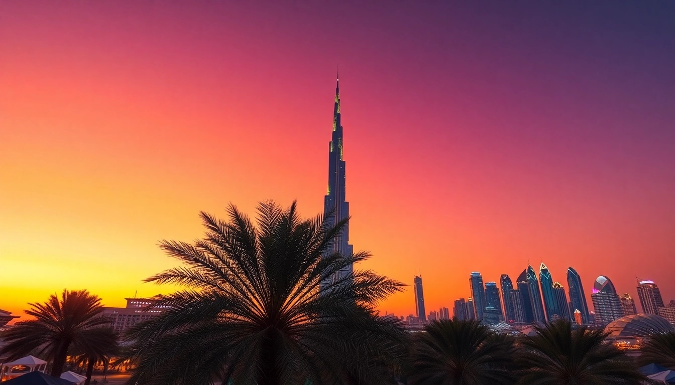 Experience the enchanting skyline as you travel to Dubai under a stunning sunset.
