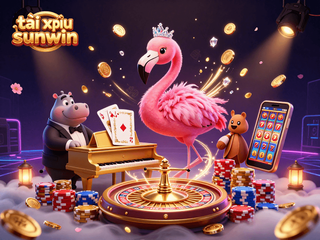 Engage in tài xỉu sunwin with vibrant casino elements, including lively characters and sparkling coins!