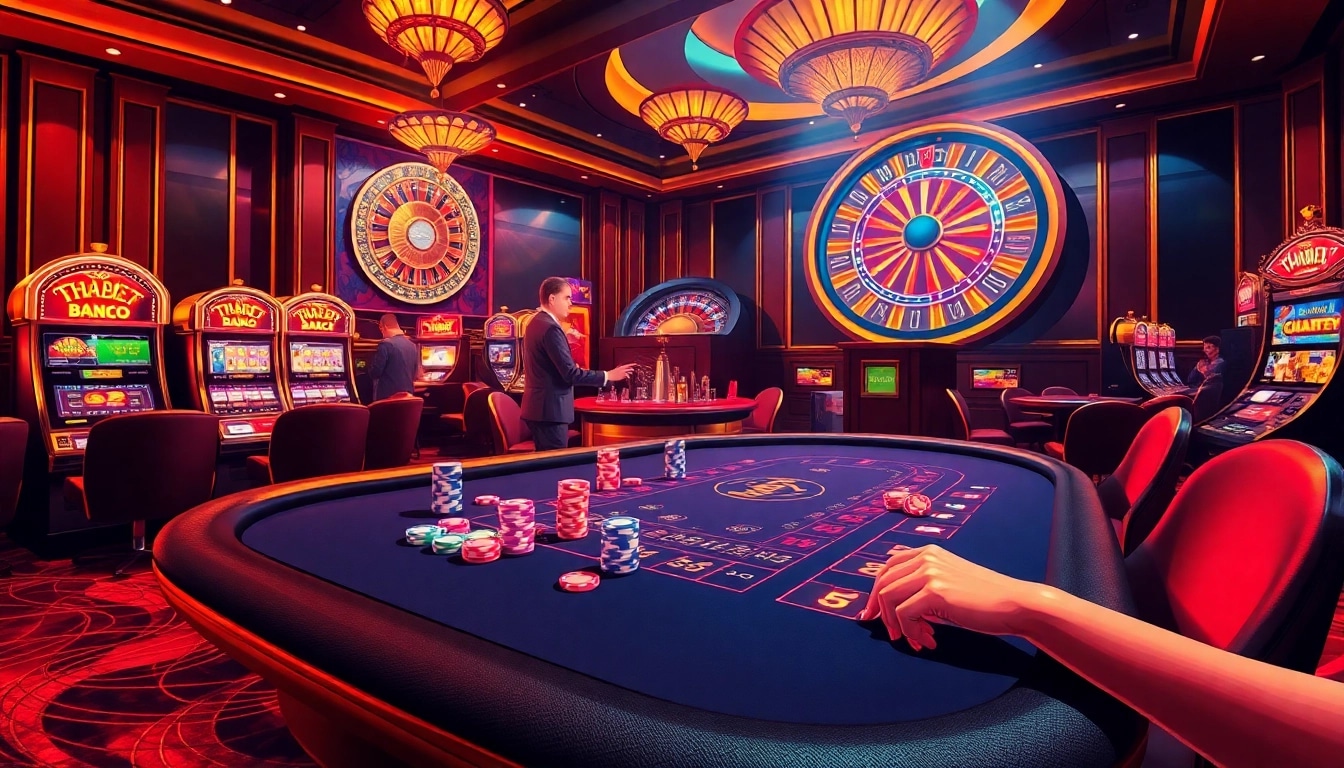Thrilling scene at Thabet Casino, showcasing players at a blackjack table and a spinning roulette wheel.