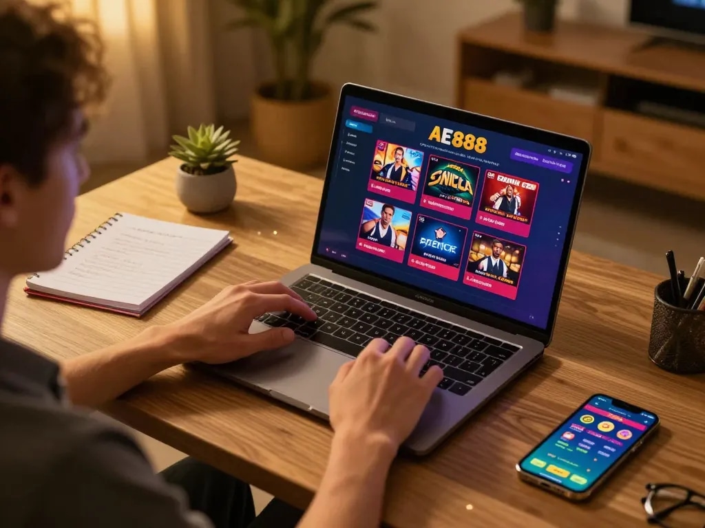 Engaged player enjoying AE888 live dealer games from a cozy home setup.