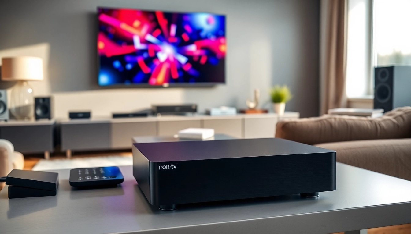Showcasing iron TV Pro device in a stylish home entertainment setup with modern decor.