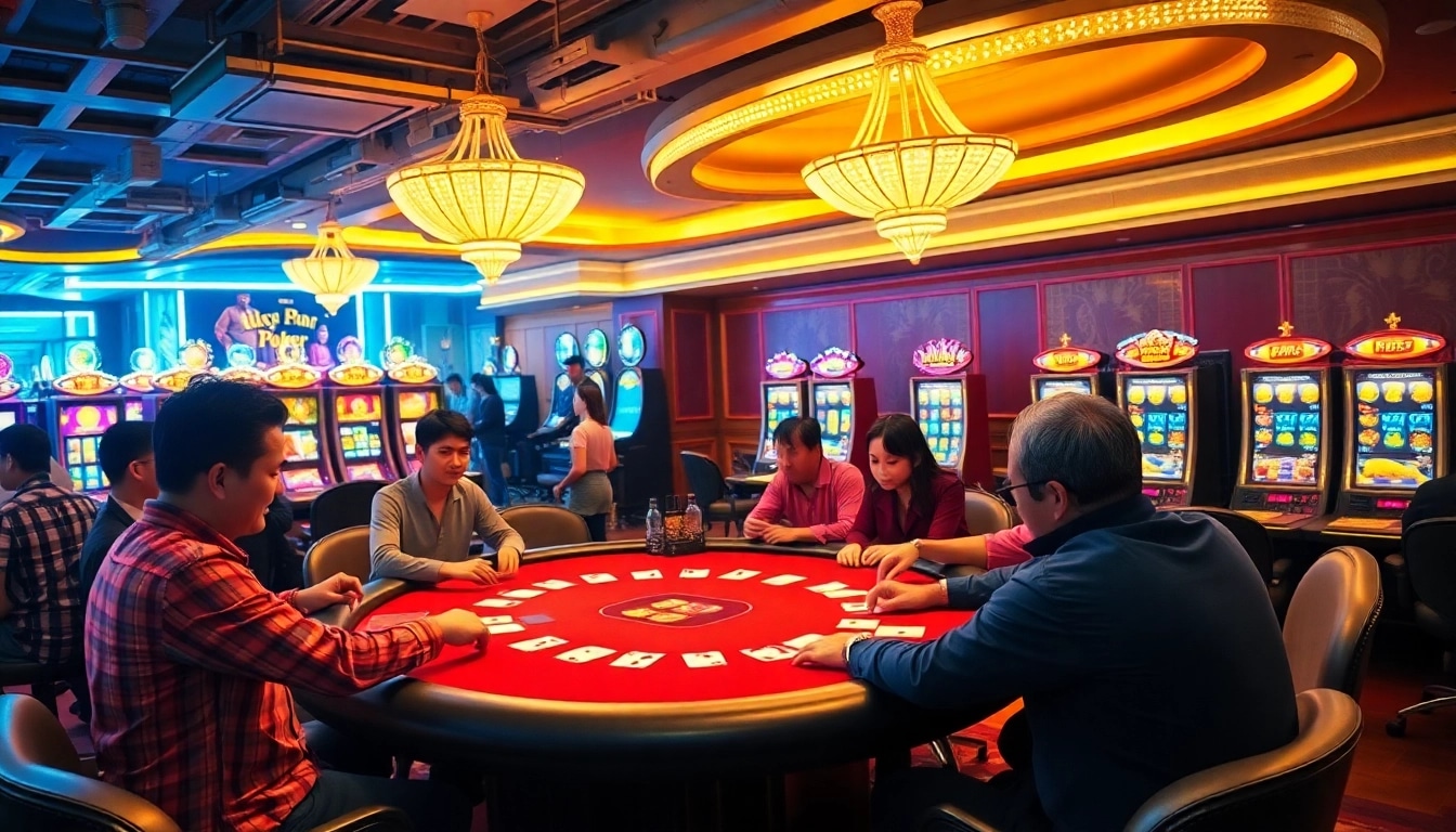 Players thrill at a poker table in a vibrant casino, showcasing excitement on https://nhacaiuytin.place/ betting activities.