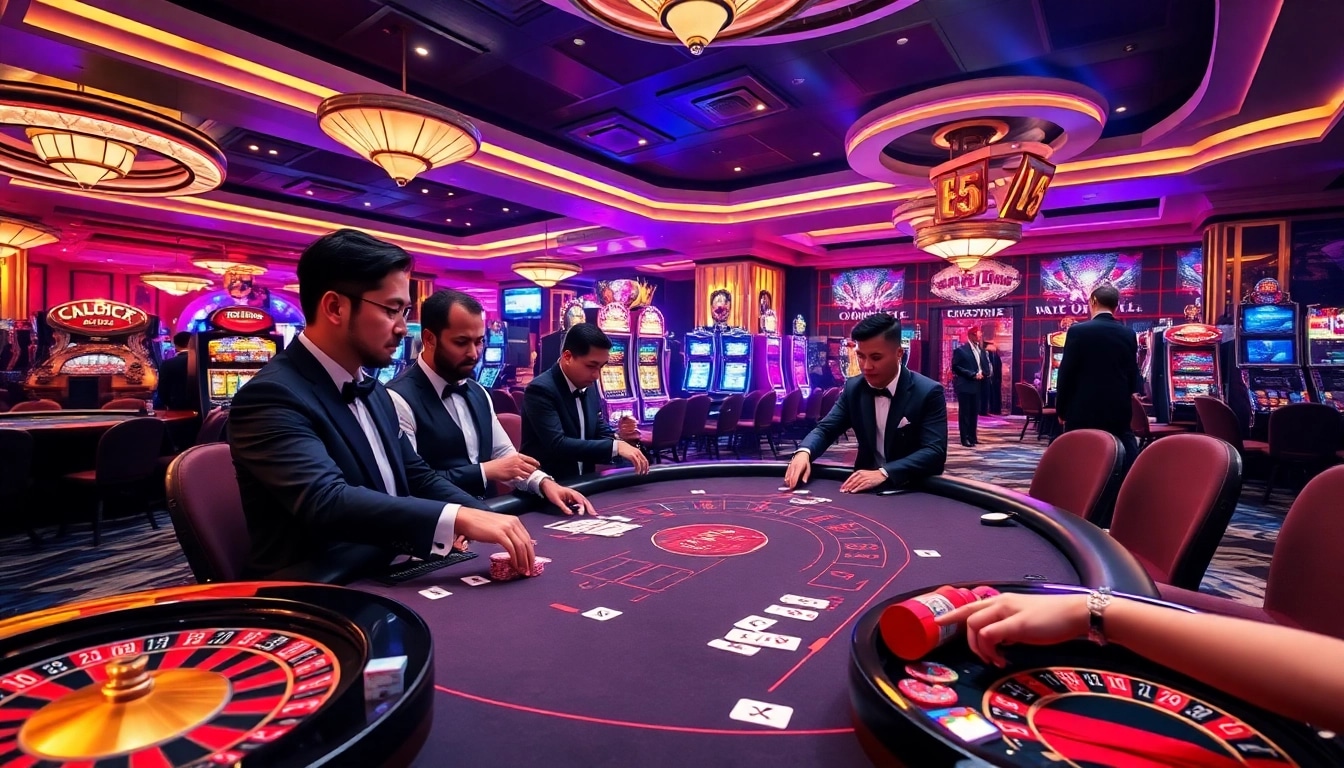 Players enjoying the BJ88 casino experience at a high-stakes table with vibrant lighting.