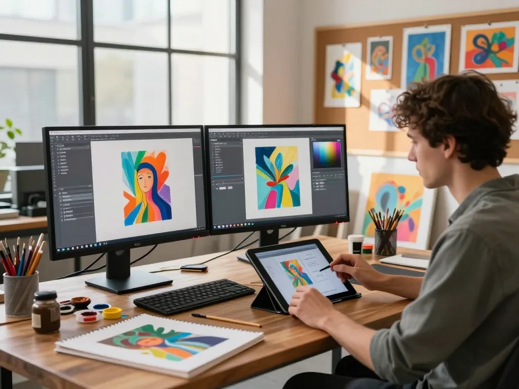 AI artist generating image prompts in a vibrant creative studio setting