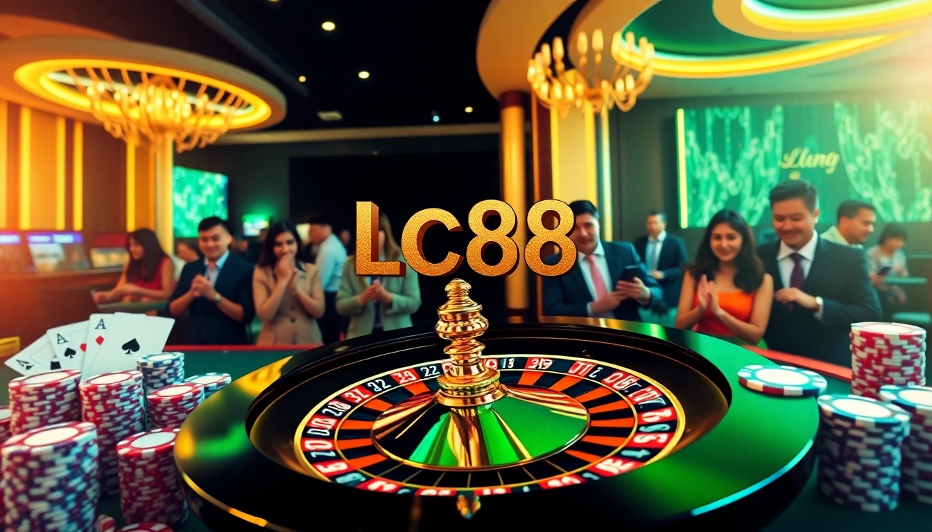 Lc88 engaging players in a luxurious casino experience with poker chips and roulette.