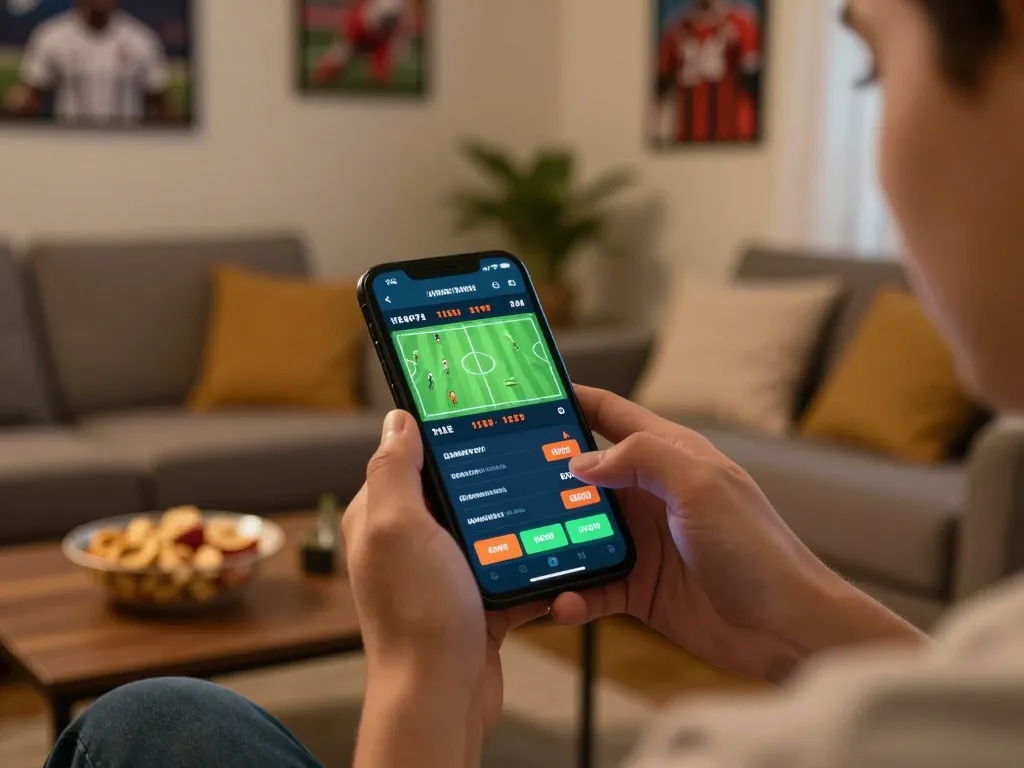 Engaging moment on Trang chủ open88 with a user actively placing bets on a mobile sports betting app while relaxing at home.