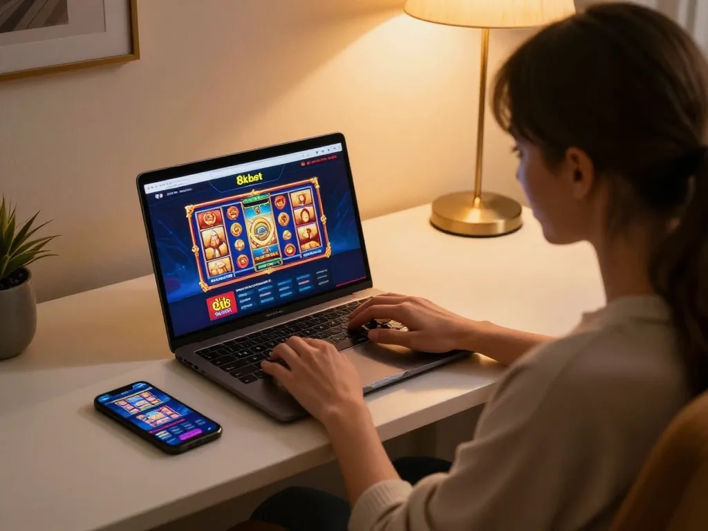 Player exploring various game features on 8kbet's online casino platform in a cozy home setting.