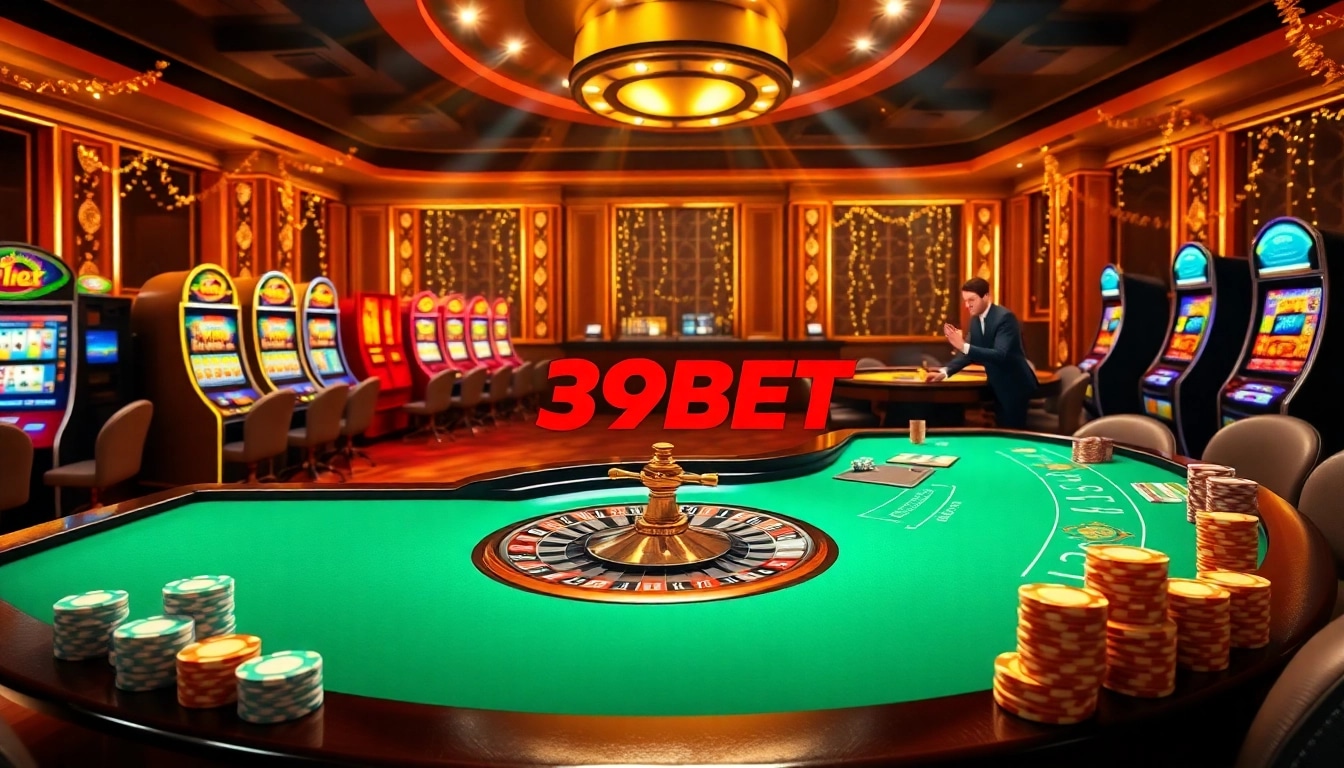 39BET's luxurious casino atmosphere showcasing an exciting roulette table and vibrant slot machines.