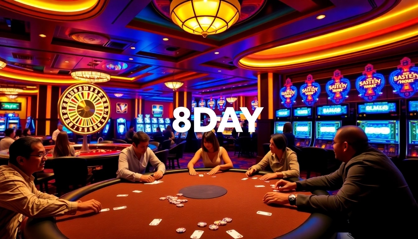 Exciting casino scene showcasing 8DAY gaming activities with players at a poker table.