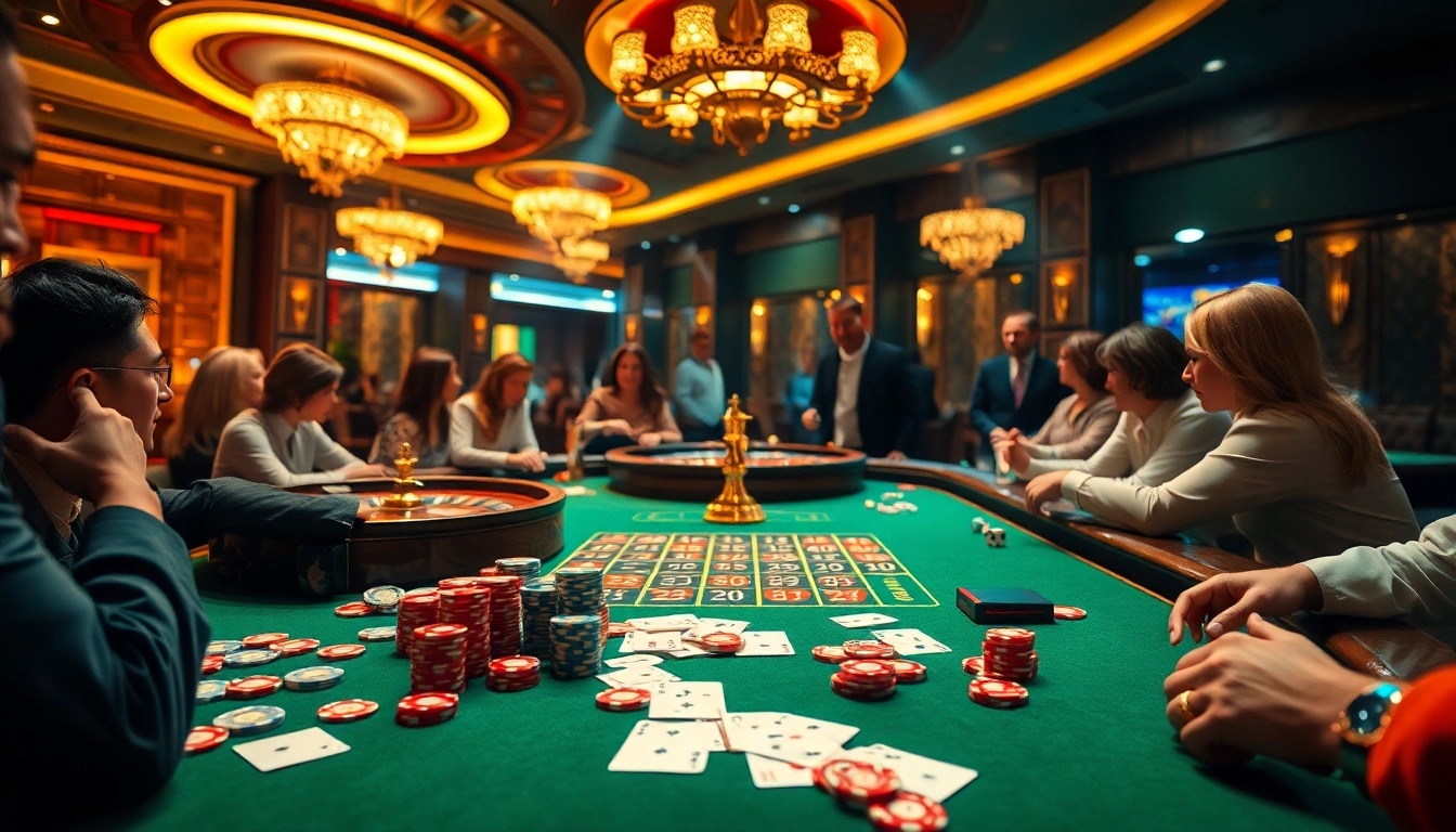 Engaged gamblers placing exciting kèo bóng đá bets at a luxurious casino table amid thrilling gameplay.