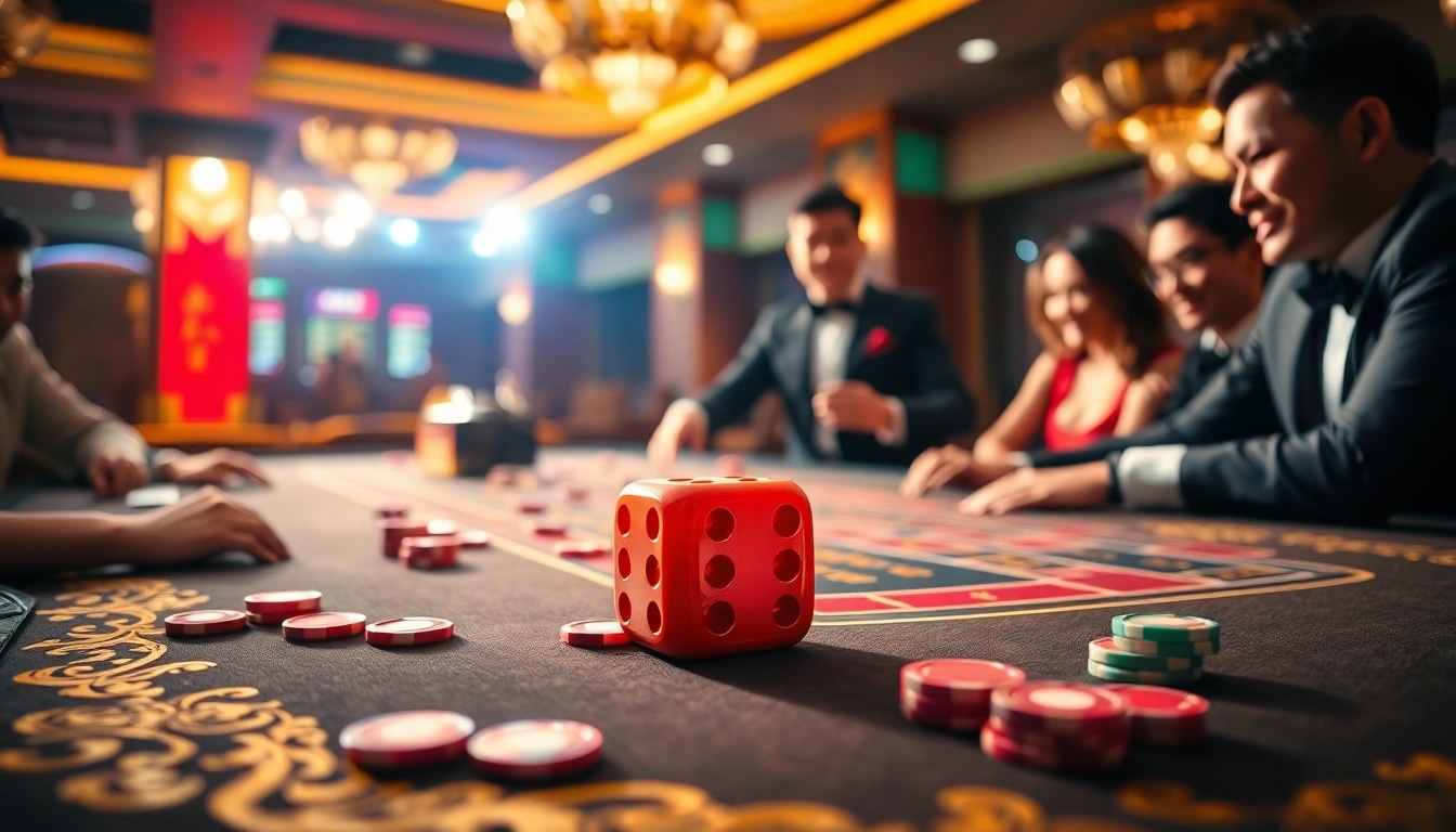 Engaging in a thrilling tài xỉu md5 game at a luxurious casino table with dice and chips.