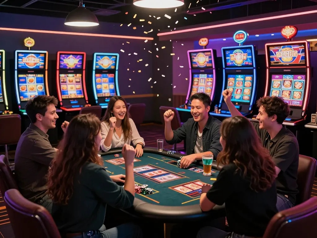 Friends enjoying a thrilling MM88 online casino gaming experience together.