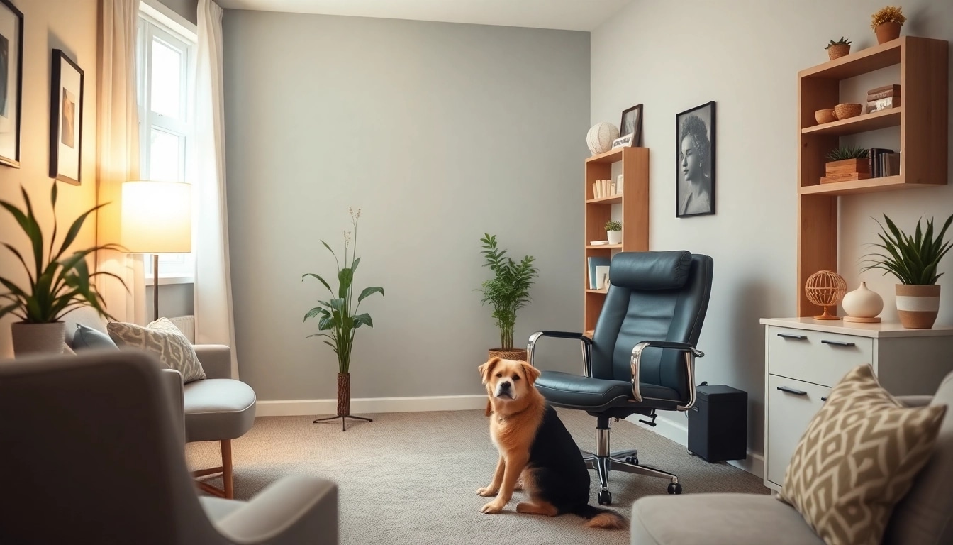 Engaging in depression treatment with a compassionate psychologist and therapy dog in a nurturing environment.