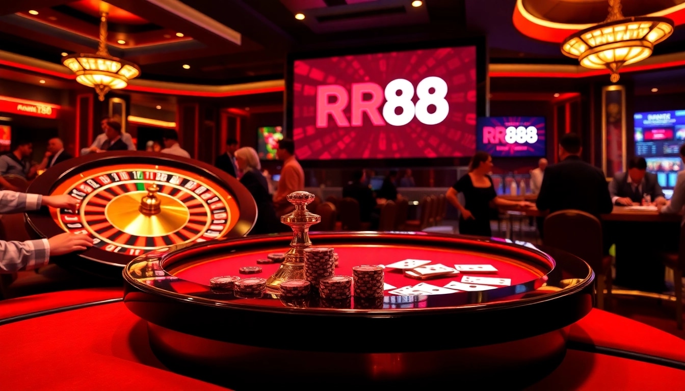 Players betting at a stylish roulette table showcasing rr88 logo in a luxurious casino.