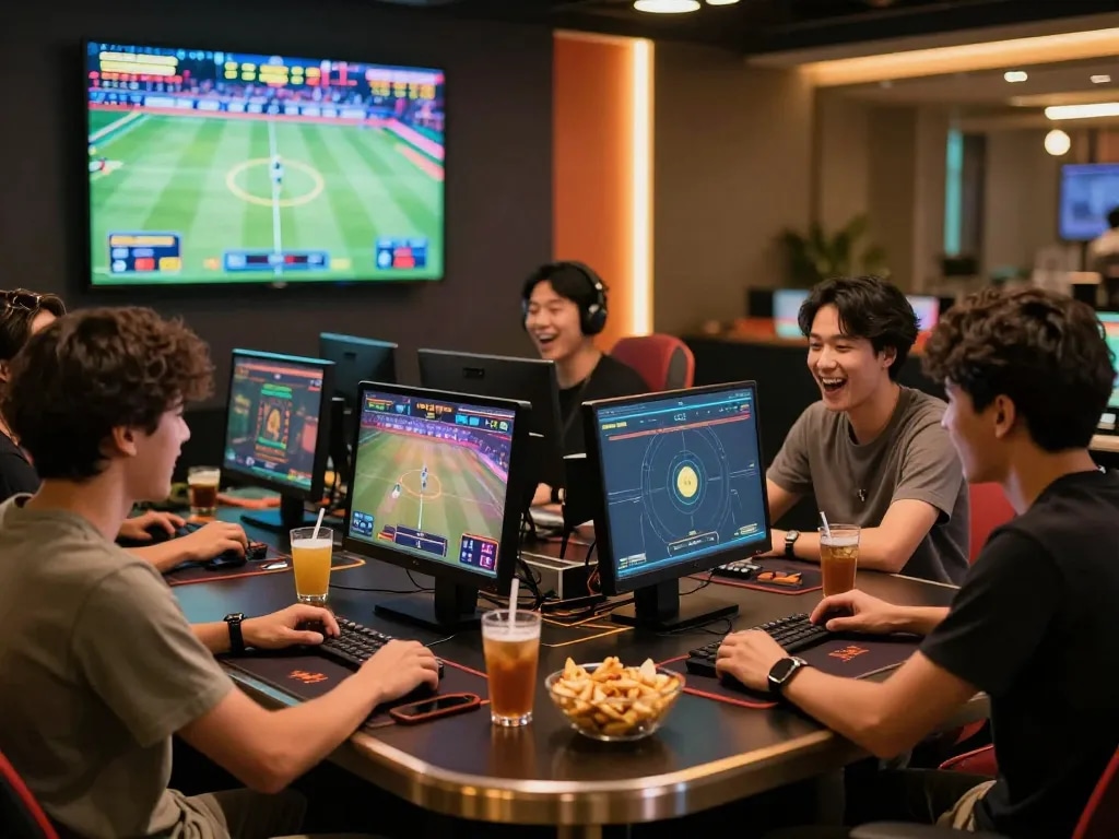 Group enjoying gem88 online gaming experience with vibrant decorations and live sports.